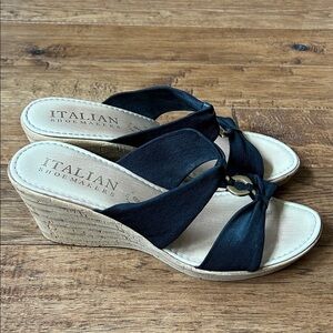 Italian Shoemakers Black Wedge Heel Sandals Two Strap Gold Ring Size 7.5